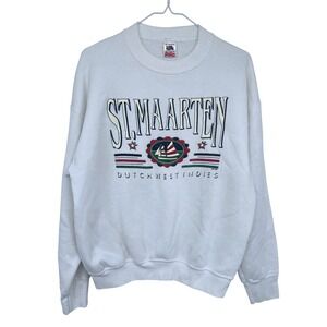 Vintage 90s St. Maarten Graphic Crewneck Sweatshirt Large White Dutch West Indie